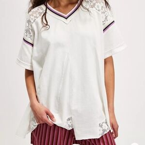 Free People Lace Trim White Top With Purple Black And Beige Sz XS